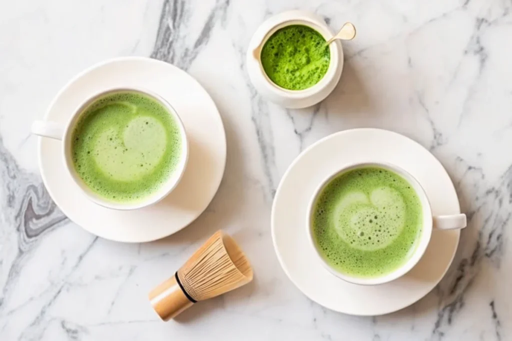Matcha Green Tea with Coconut Milk: The Ultimate Creamy, Energizing Latte 7 Two cups of matcha green tea with coconut milk and a bamboo whisk on marble