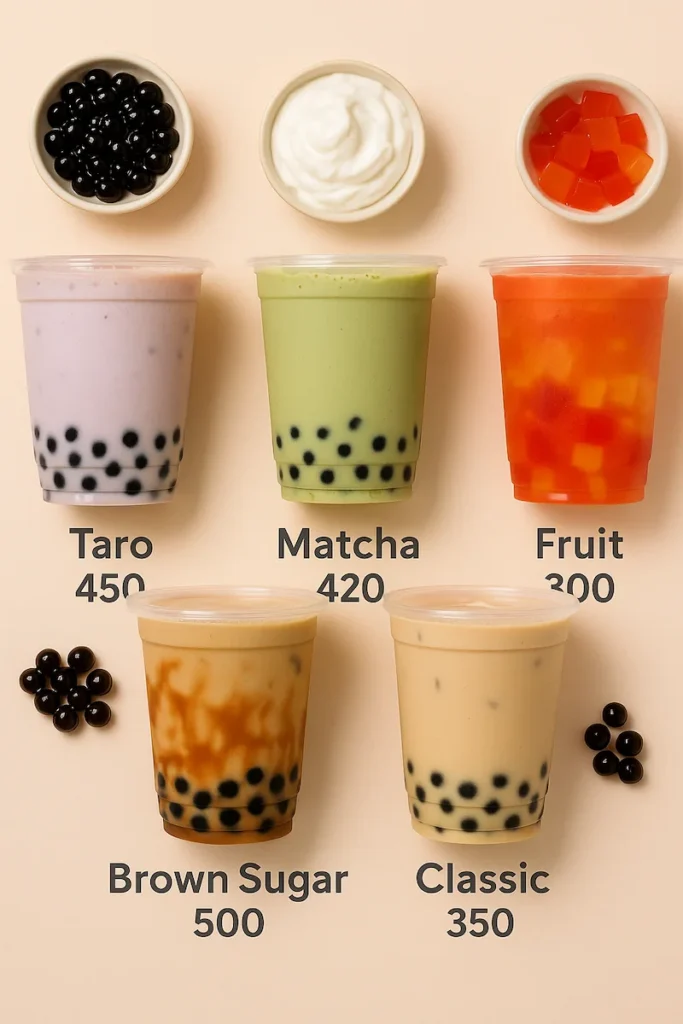Bubble Milk Tea Calories Uncovered: Your Guide to Healthier Boba Choices 7 Bubble Milk Tea Calories chart comparing Taro, Matcha, Fruit, Brown Sugar, and Classic boba drinks