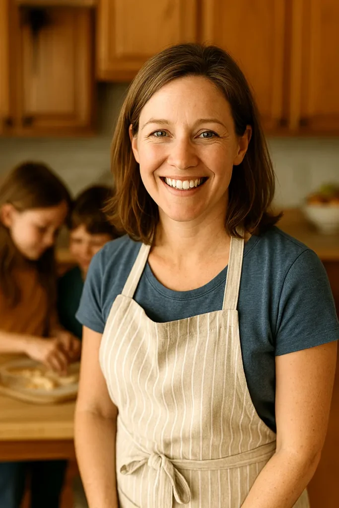 About 1 Rachel Moore smiling in her kitchen with children in the background