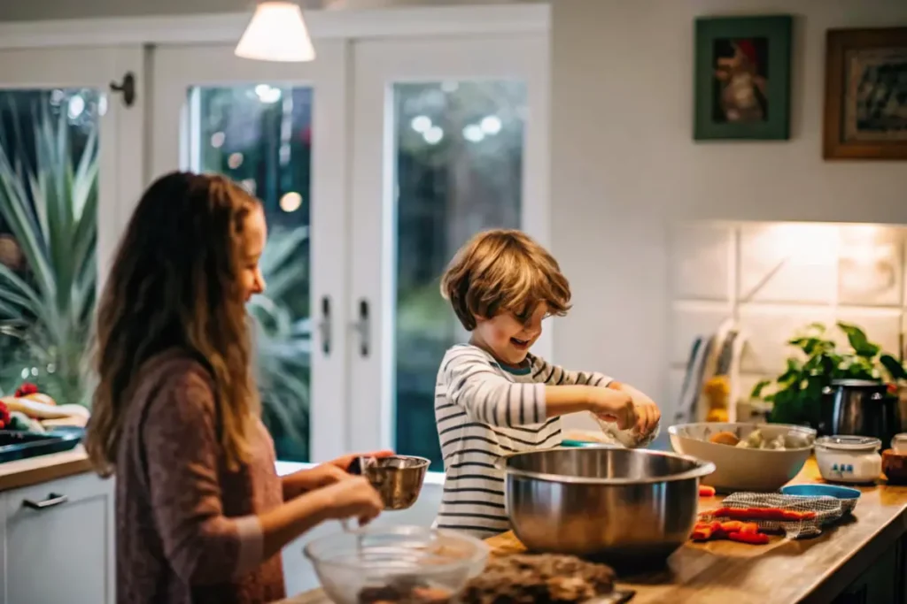 About 2 Two children cooking together in a bright kitchen at home