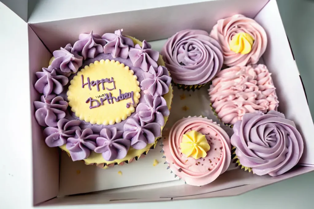 Bento Cake: The Adorable Mini Cake That’s Taking Over Birthday Tables 7 birthday bento cake with matching purple and pink cupcakes in box