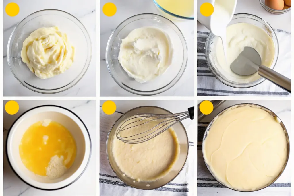 Bento Cakes Are The Best Tiny Mood Cakes You’ll Ever Eat 6 Step-by-step images of bento cake batter preparation with yogurt, eggs, flour, and mixing process