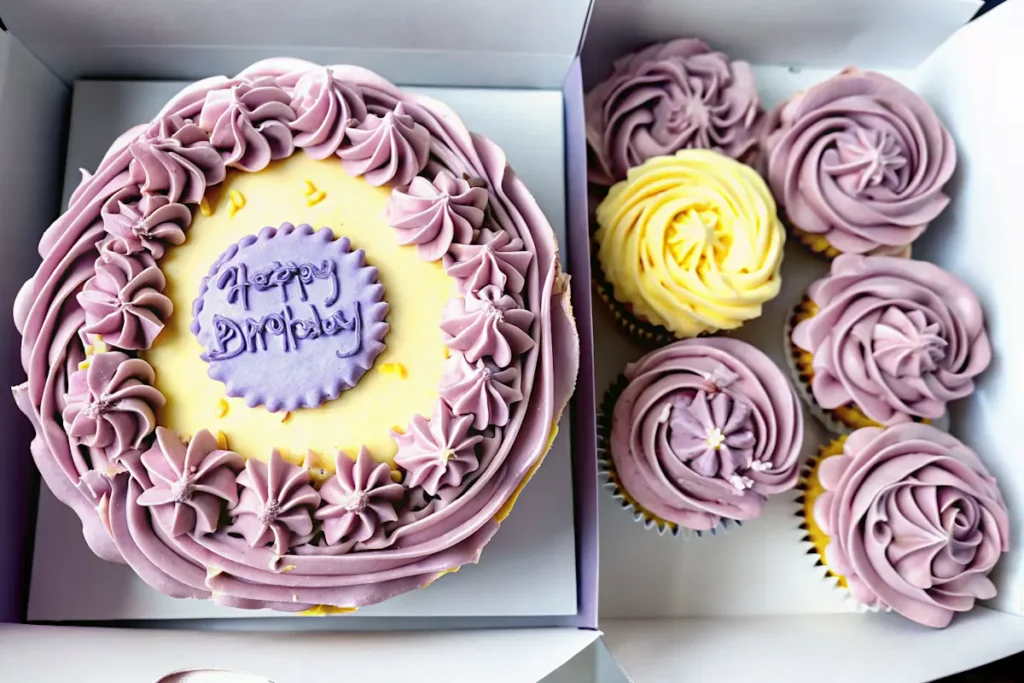 Bento Cakes Are The Best Tiny Mood Cakes You’ll Ever Eat 7 Purple and yellow bento birthday cake with matching frosted cupcakes in a gift box
