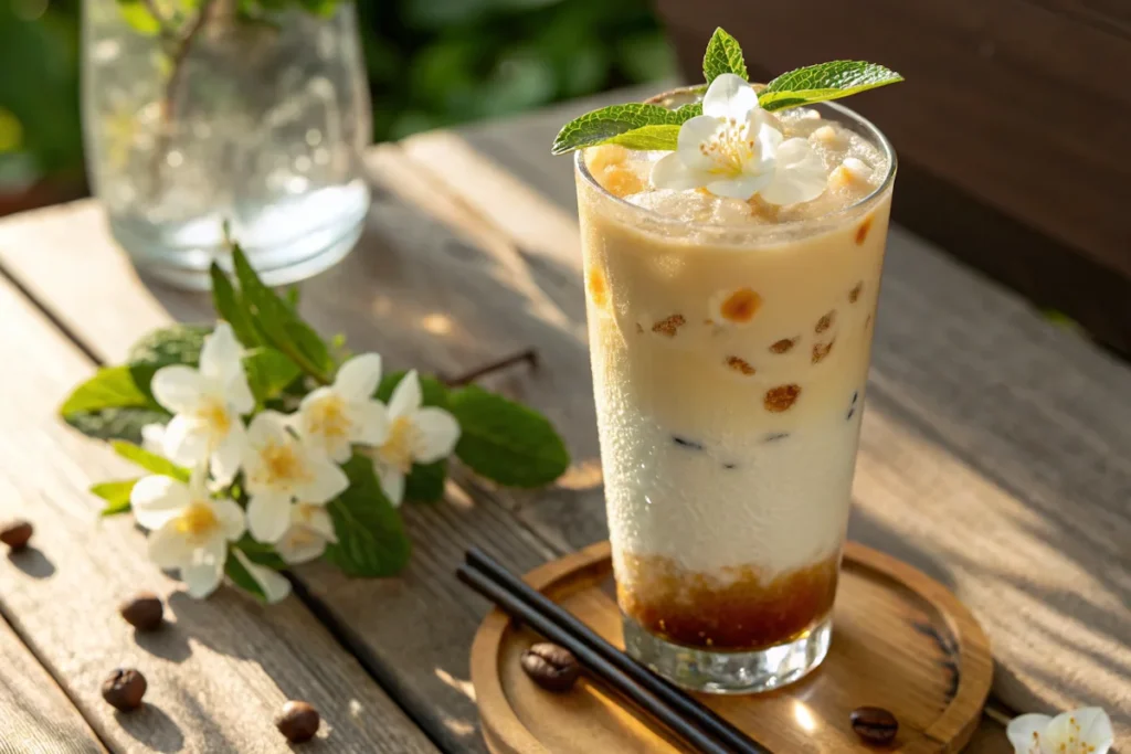 Jasmine Milk Tea: A Calming, Aromatic Floral Drink to Make at Home 7 Iced jasmine milk tea with mint and flower