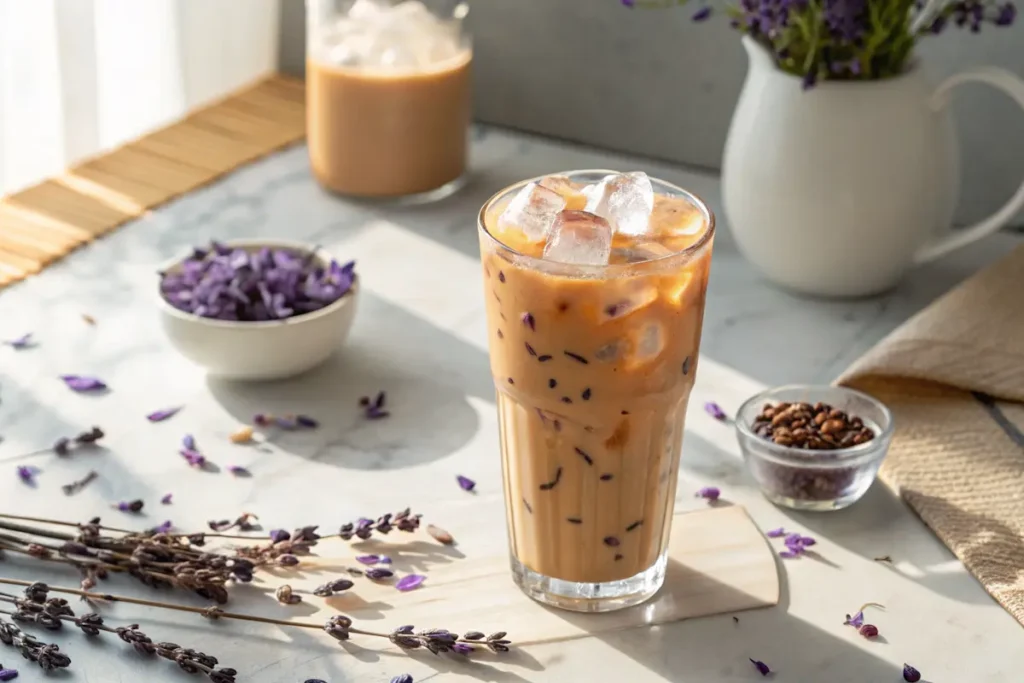 Tranquil Sips: Crafting the Calming Lavender Milk Tea 5 Iced lavender milk tea with floral garnish