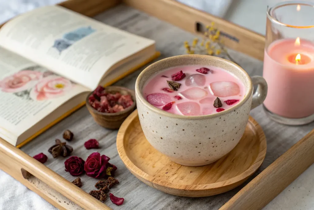 The Gentle Embrace: Crafting and Using Rose Tea Milk 7 Iced rose tea milk with dried rose petals