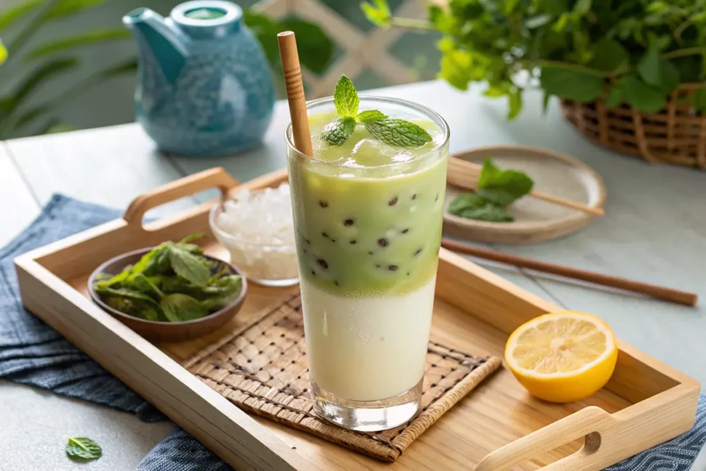 Sencha Milk Tea: A Fresh & Creamy Green Tea Experience 7 Iced Sencha Milk Tea with mint garnish and bamboo straw