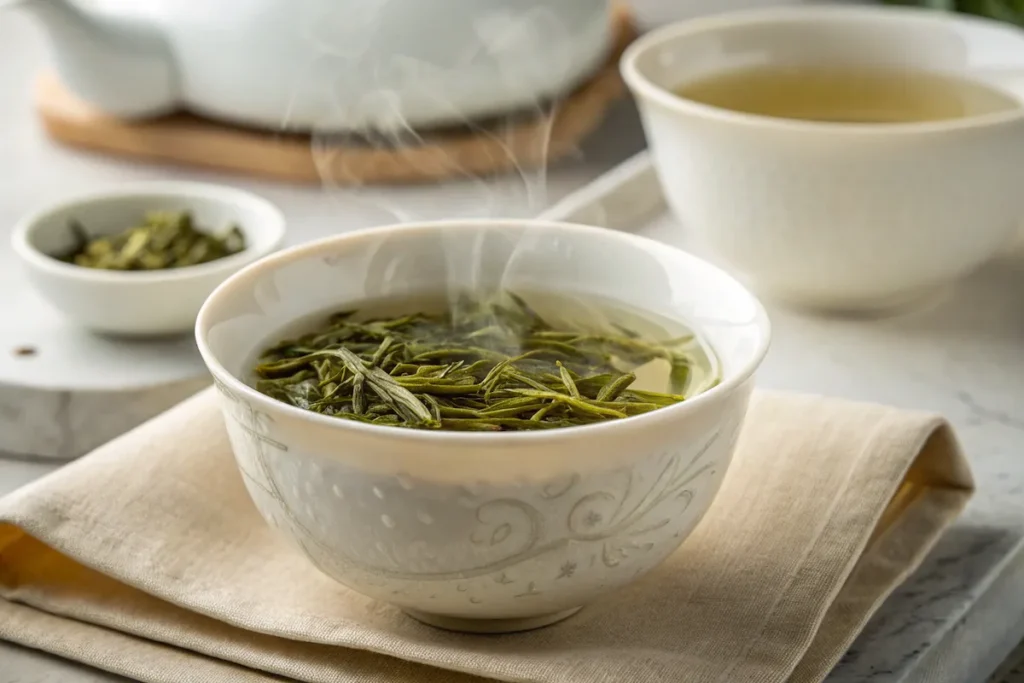 Jasmine Milk Tea: A Calming, Aromatic Floral Drink to Make at Home 6 Jasmine tea leaves brewing in cup