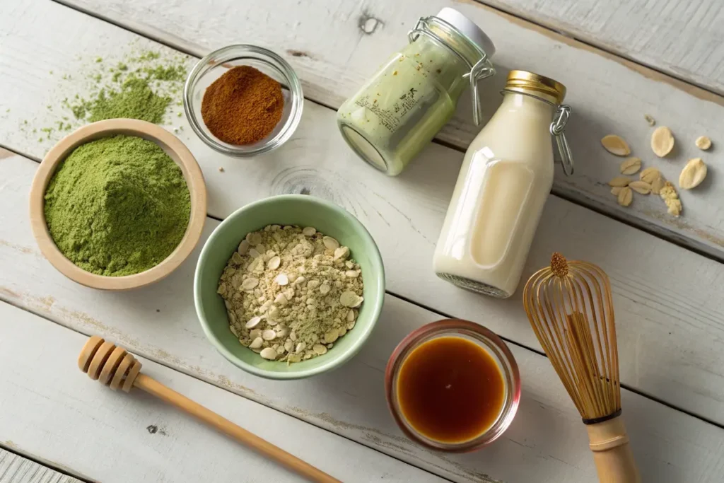 Authentic Matcha Milk Tea Recipe: Your Guide to a Creamy, Energizing Drink at Home 6 Matcha milk tea ingredients including milk, matcha, sweeteners