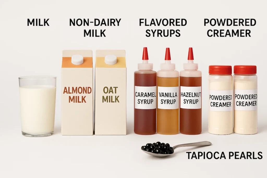 Milk Tea Calories: What’s Really in Your Cup? (+ Comparison Guide) 5 Milk tea calories visualized through common ingredients including dairy, almond milk, flavored syrups, powdered creamer, and tapioca pearls