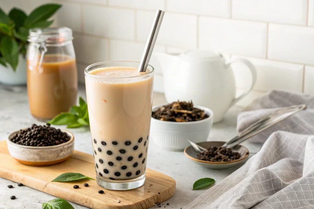 Milk Tea Calories: What’s Really in Your Cup? (+ Comparison Guide) 7 Glass of milk tea with tapioca pearls showing calorie-heavy ingredients
