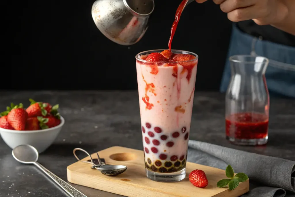 Pouring strawberry puree into milk tea with boba