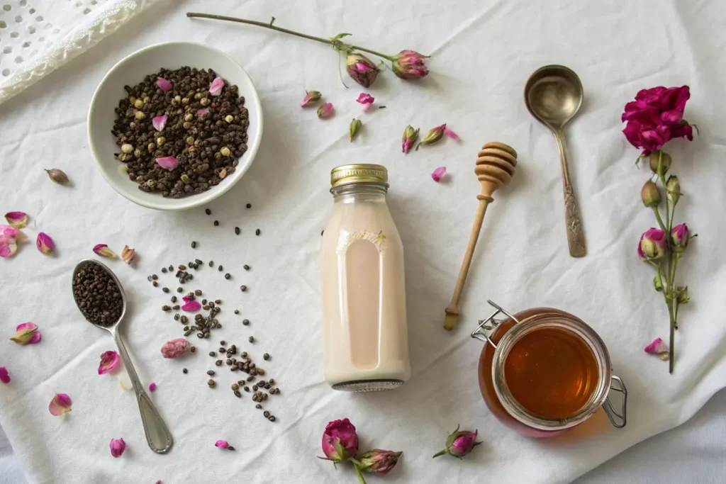 The Allure of Rose: Crafting Your Perfect Rose Milk Tea 6 Ingredients for rose milk tea on a flat lay setup