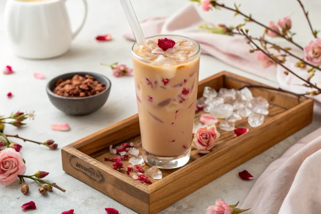 The Allure of Rose: Crafting Your Perfect Rose Milk Tea 7 Iced rose milk tea with petals in a tall glass