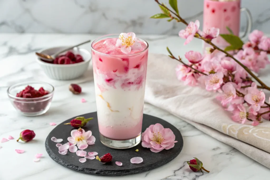 Layered sakura rose milk tea in a clear glass with cherry blossom garnish