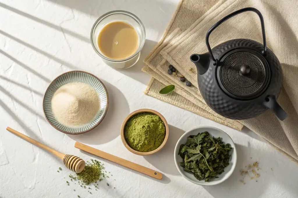 Sencha Milk Tea: A Fresh & Creamy Green Tea Experience 6 Sencha Milk Tea ingredients flat-lay with oat milk and tea leaves