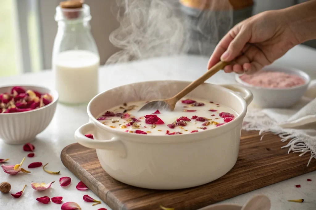 The Gentle Embrace: Crafting and Using Rose Tea Milk 6 Rose Tea Milk - Simmering rose petals in milk on stove