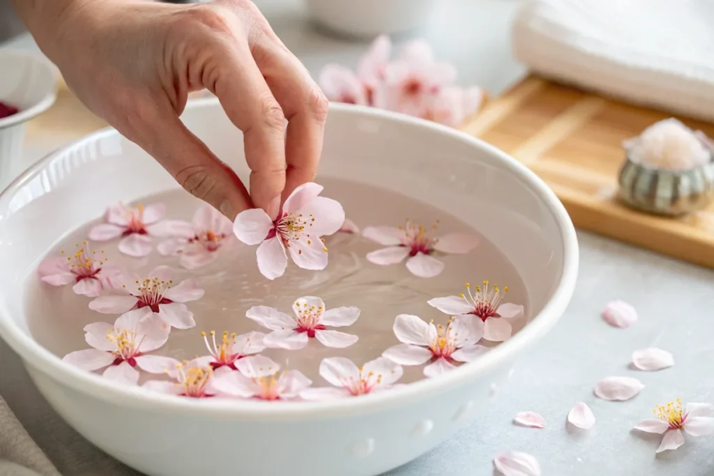 Hand soaking salted cherry blossoms in warm water to prepare for sakura rose milk tea