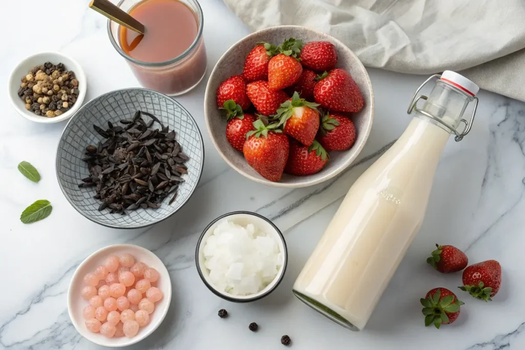 Ingredients for homemade strawberry milk tea boba