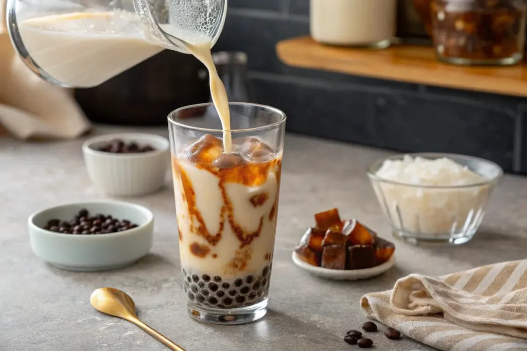 The Roaring Flavor: Mastering Homemade Tiger Milk Tea 7 Pouring milk into brown sugar boba for tiger milk tea