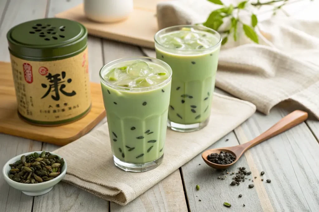 Homemade Green Milk Tea Recipe: A Refreshing and Customizable Beverage 5 Two glasses of green milk tea with black tapioca pearls on a wooden surface beside loose tea leaves and a tin of green tea