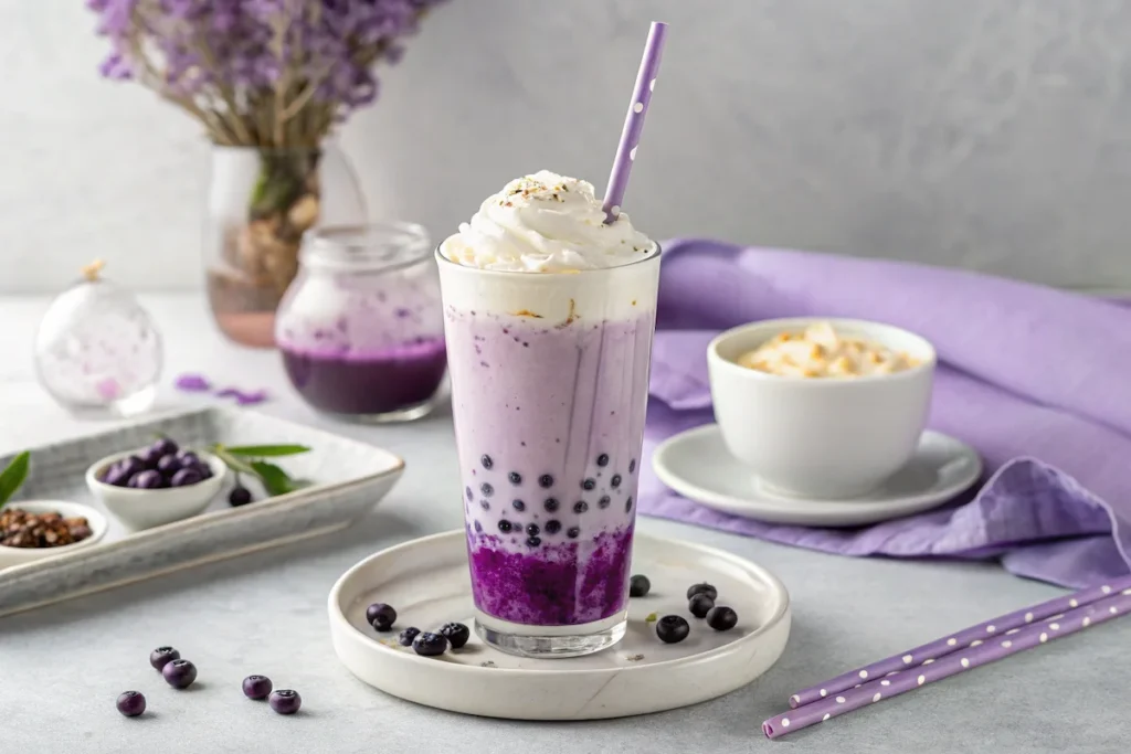 The Royal Hue: Crafting Your Own Ube Milk Tea 7 Iced ube milk tea with whipped cream and pearls