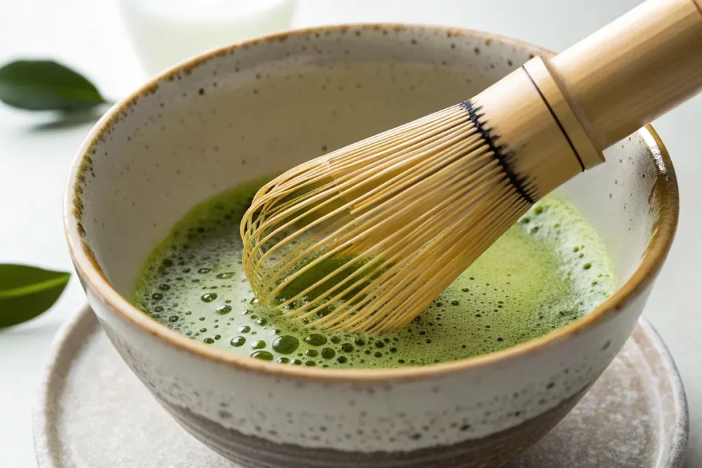 Authentic Matcha Milk Tea Recipe: Your Guide to a Creamy, Energizing Drink at Home 7 Whisking matcha in ceramic bowl with chasen for smooth texture