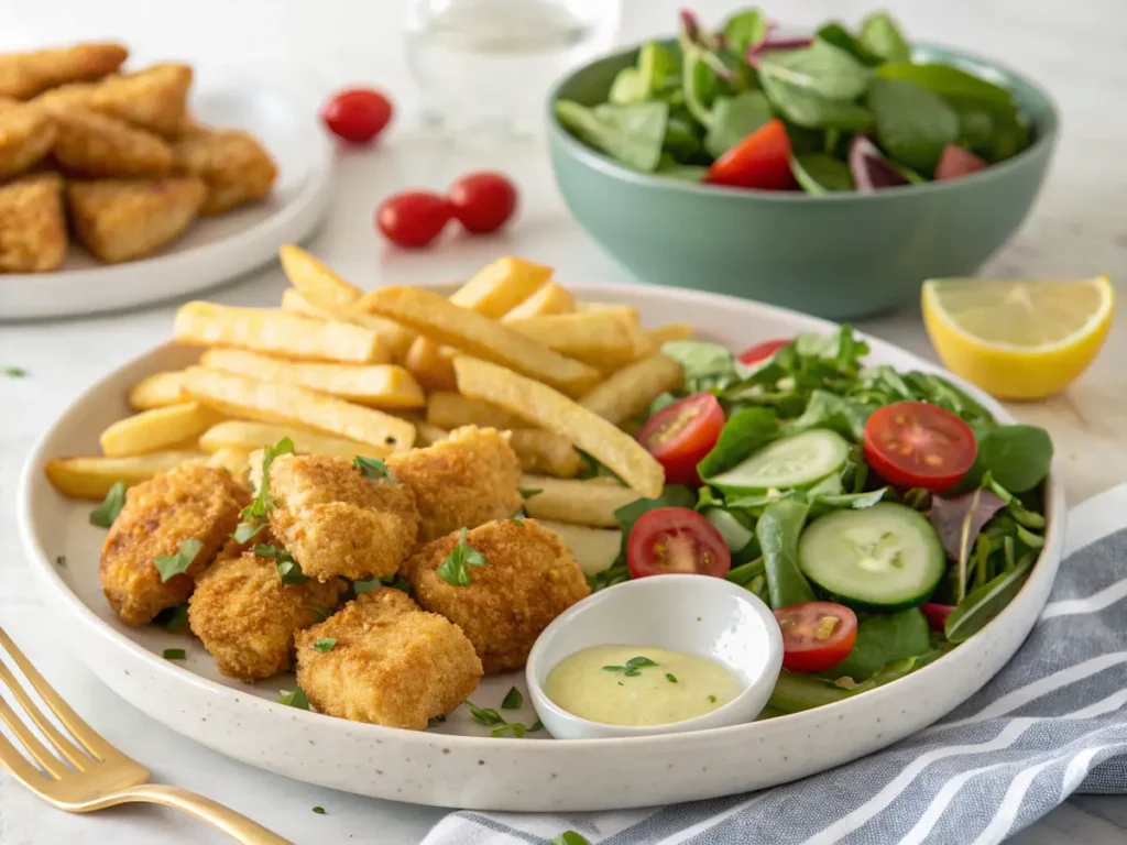 Air fryer catfish nuggets served with fries, garden salad, and dipping sauce