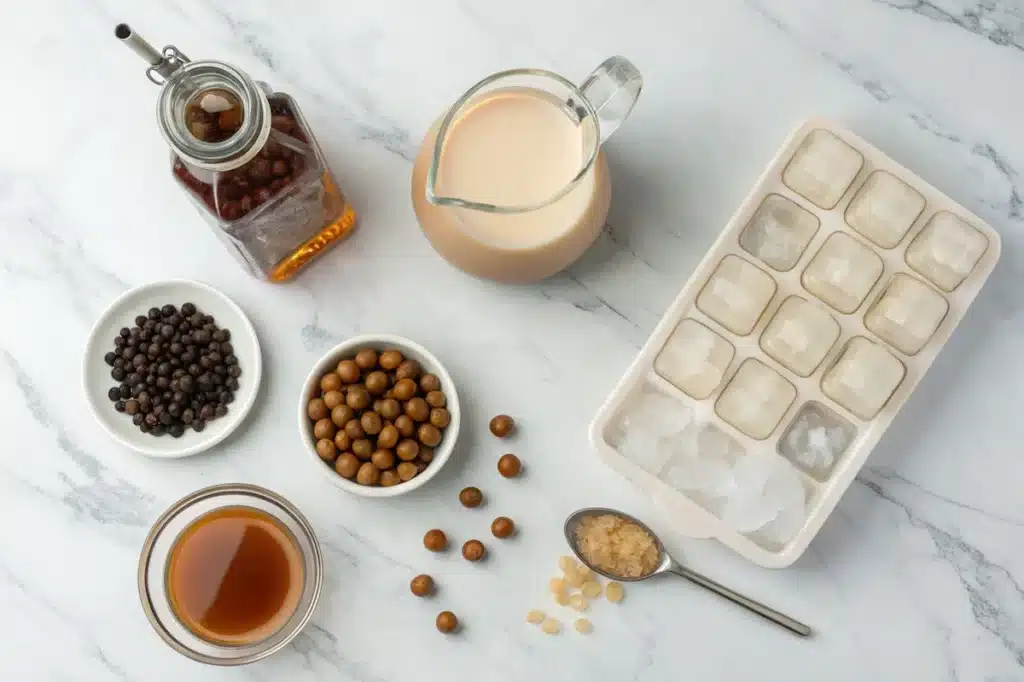 Light & Lovely: Crafting Your Own Almond Milk Boba Tea 7 Ingredients for almond milk boba tea including almond milk and tapioca