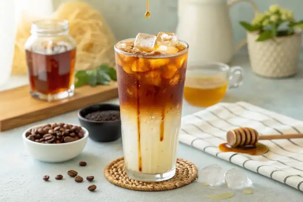 Black Tea Honey Milk 7 Black tea honey milk served iced in tall glass