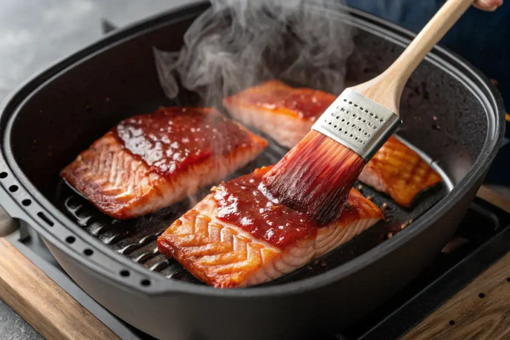 brushing pomegranate glaze on salmon in air fryer