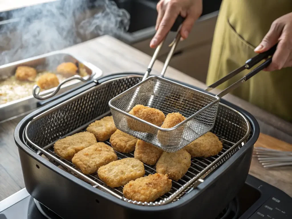 Deep frying catfish nuggets in hot oil using a wire basket