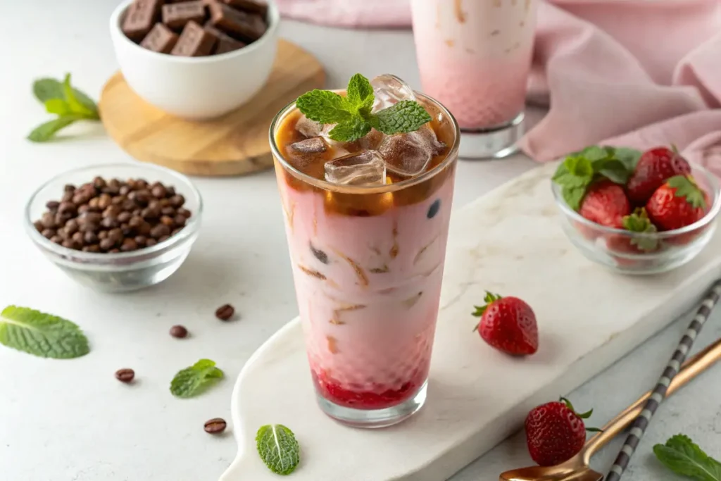 Strawberry Milk Tea 7 Iced strawberry milk tea with pink gradient
