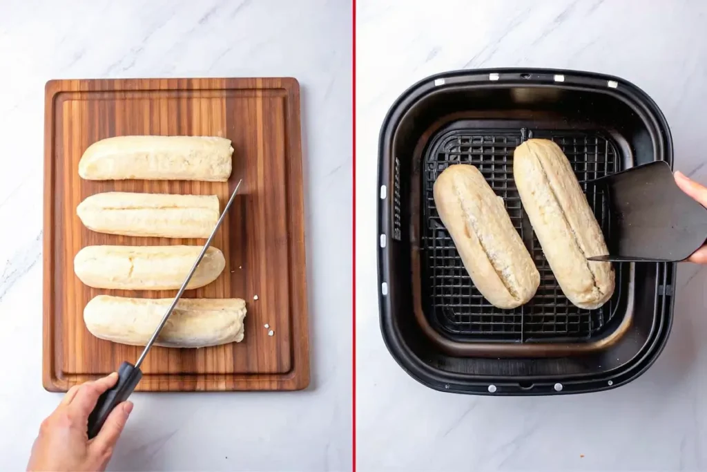 Preparing frozen garlic bread in air fryer with slices placed evenly in basket